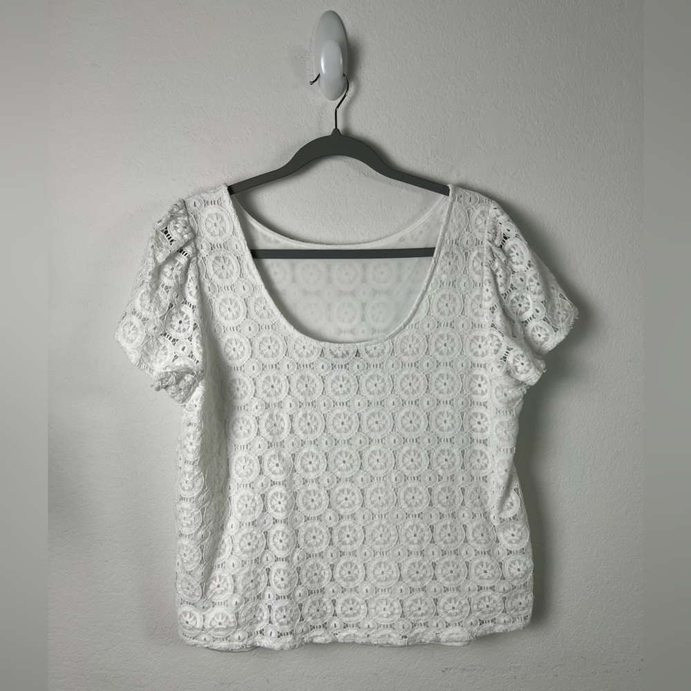 Loft White Short Sleeve Lace Embroidered Top